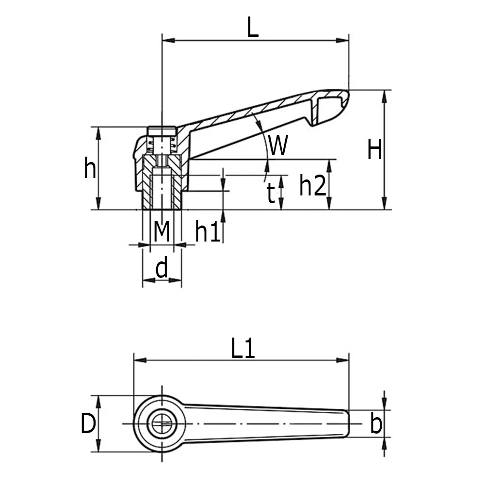 Klemhefboom 83 x 19/28 M10 inwendige draad zwart PA verstelbare handgreep