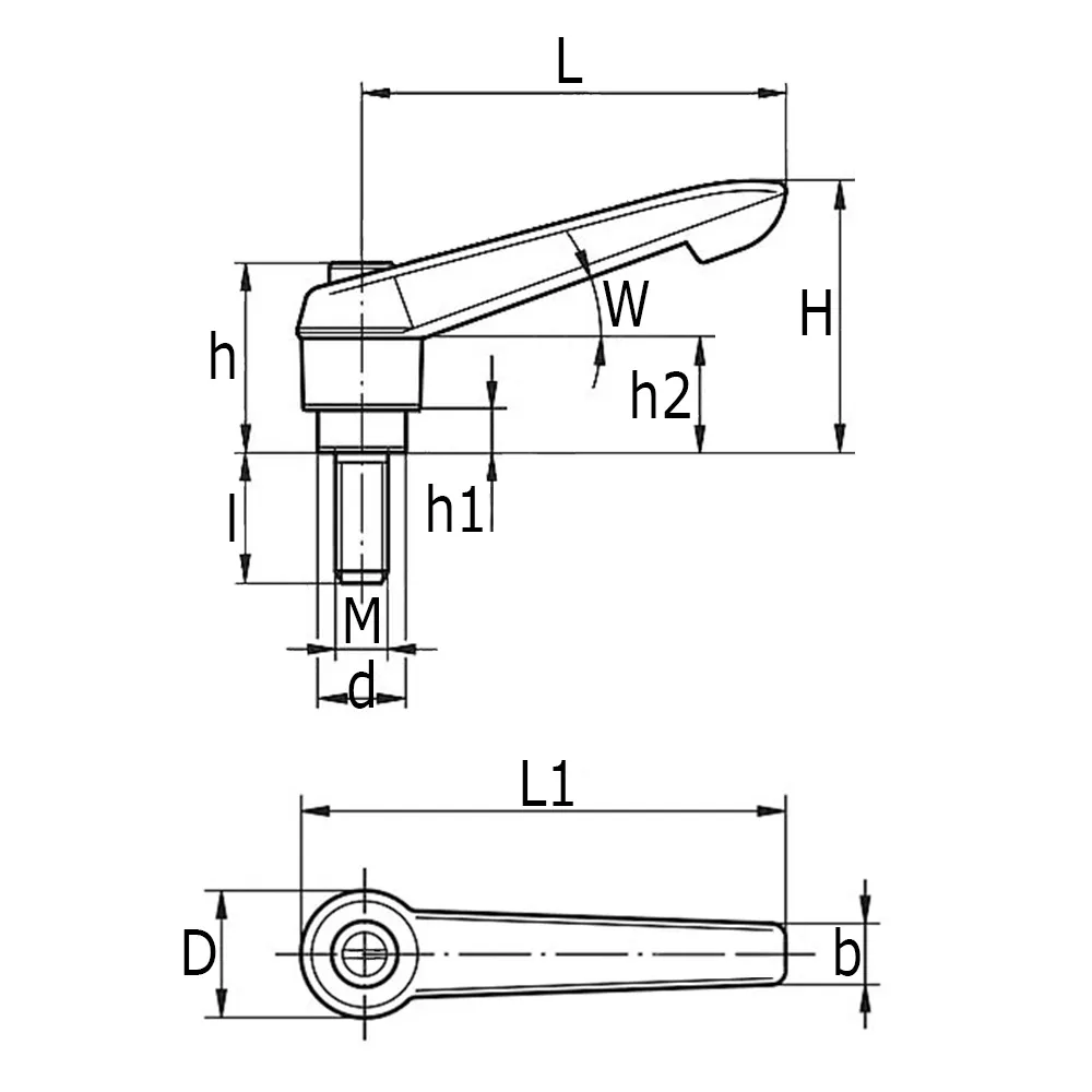 Klemhefboom 83x 19/28 M10x50 uitwendige draad zwart PA verstelbare handgreep